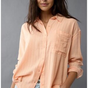 American Eagle Womens Perfect Button Up Shirt Peach Long Sleeve Relaxed Size S